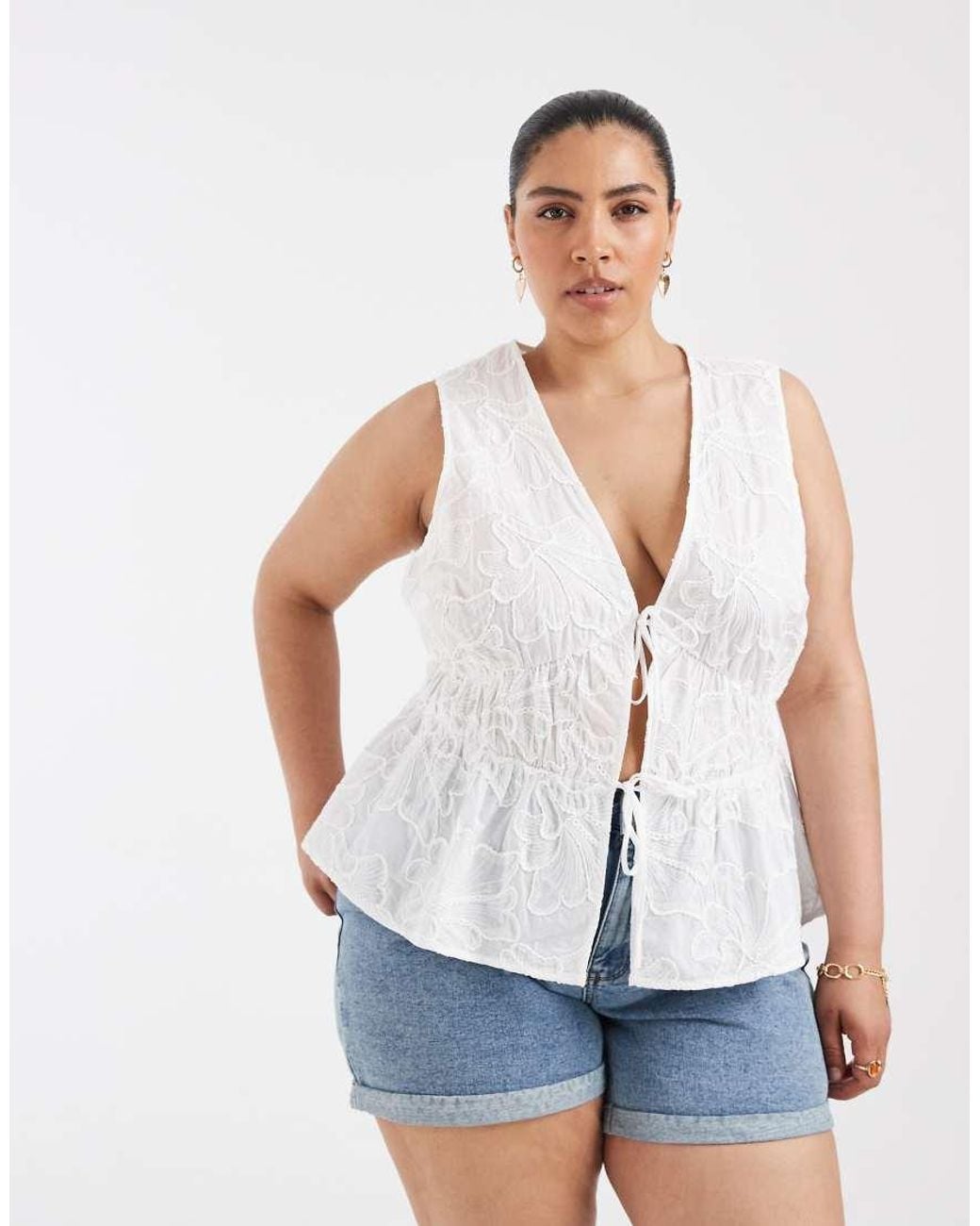 Vero Moda White Floral Embroidered Tie Front Peplum Hem Blouse