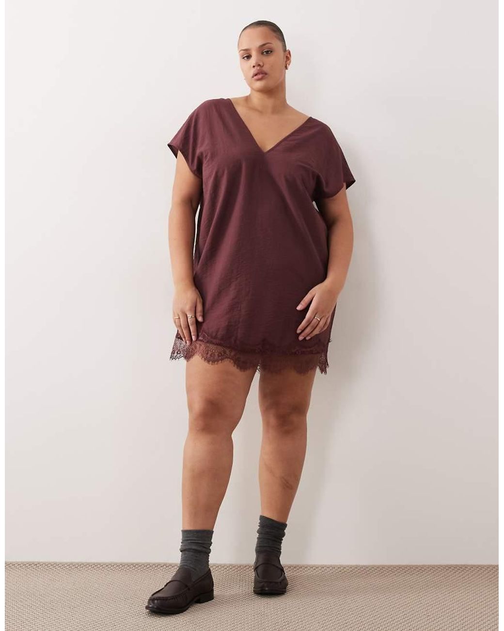 ASOS Red Asos Design Curve V Neck Shift Lace Crinkle Satin Mini Dress