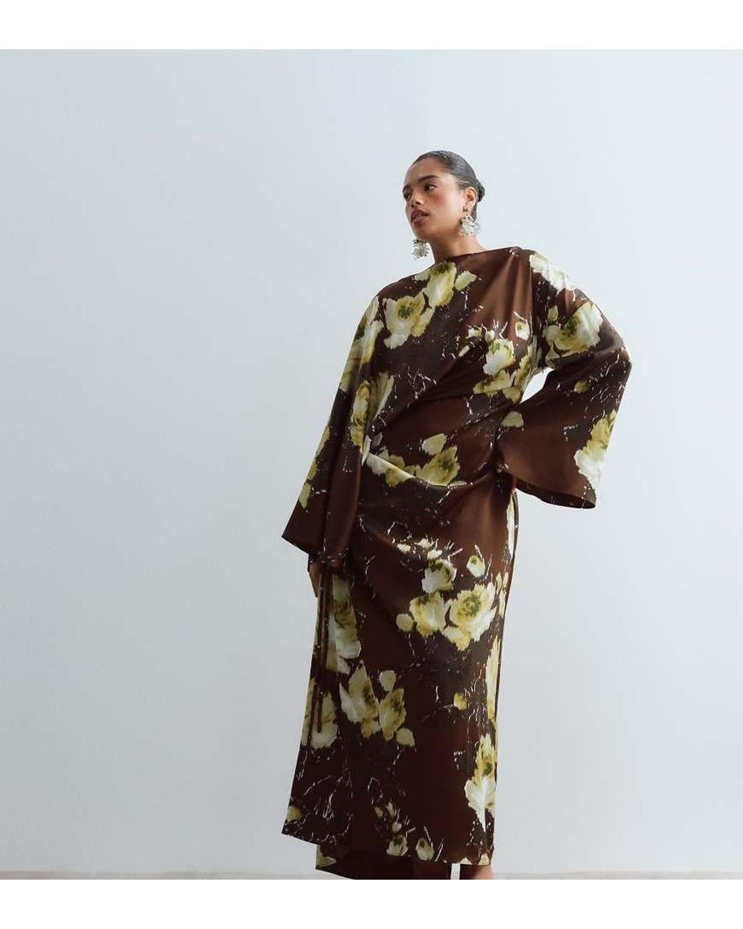 ARRANGE Brown Curve Satin Drape Long Sleeve Maxi Dress