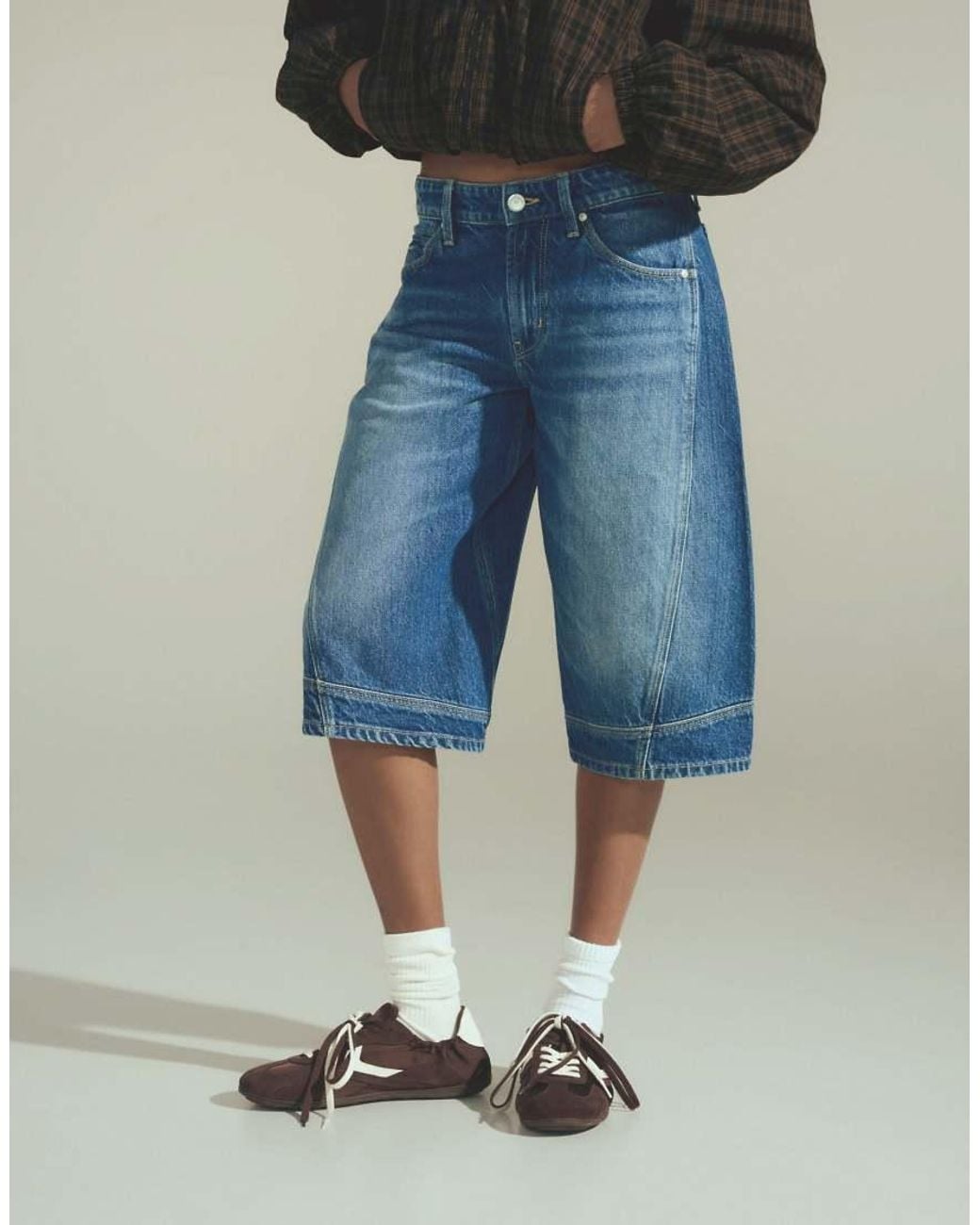Bershka Blue Denim Jort Bermuda Shorts With Seam Detail
