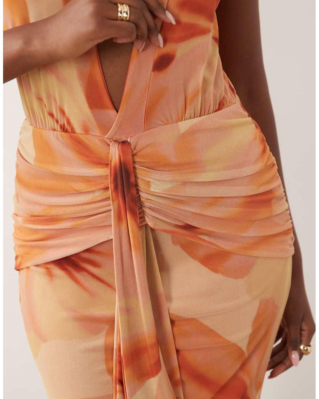 ASOS White Printed Mesh Deep Plunge Maxi Dress