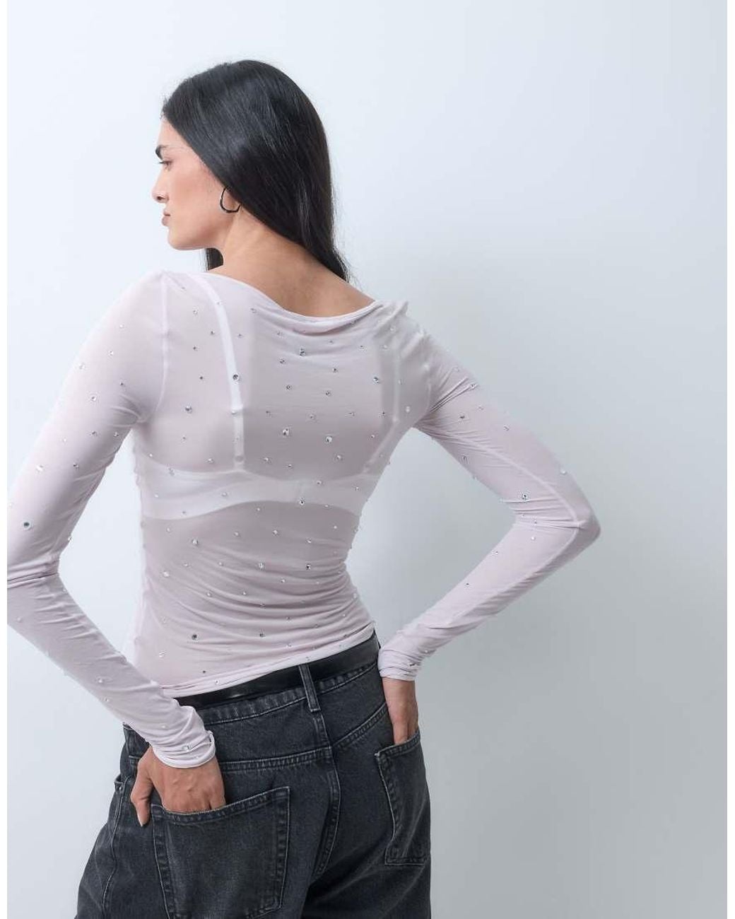 Monki Gray Boatneck Long Sleeve Top With Stud Detail