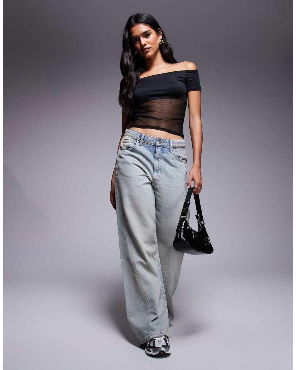 ASOS Gray Bardot Mesh Mix Panel Top