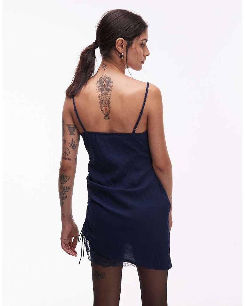 ASOS Blue Cami Lace Trim Satin Slip Mini Dress