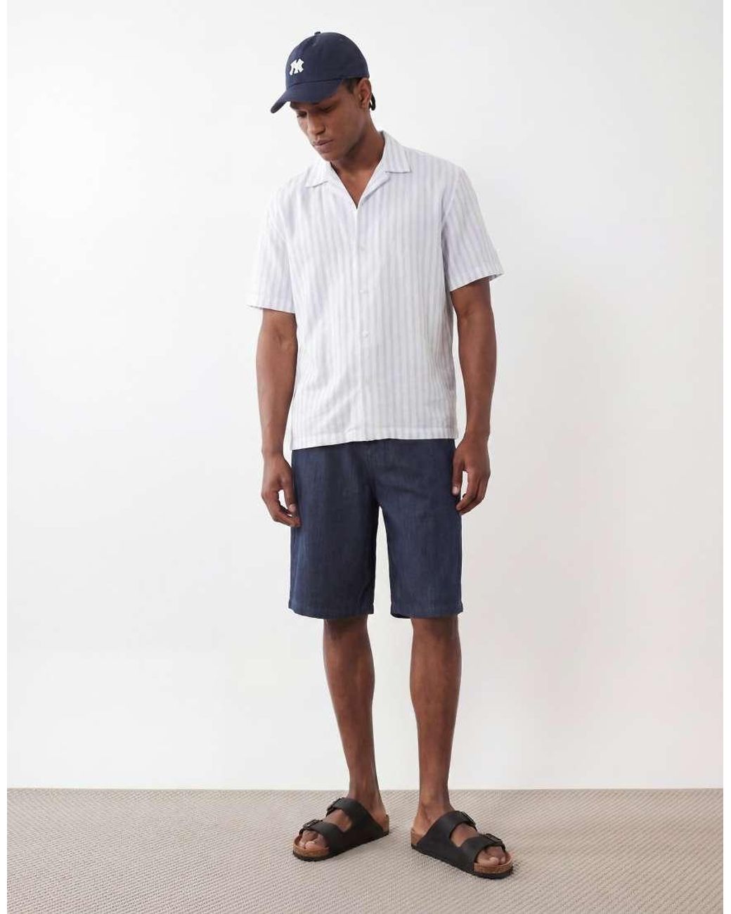 SELECTED White Linen Blend Short Wide Stripe Sleeve Shirt for men
