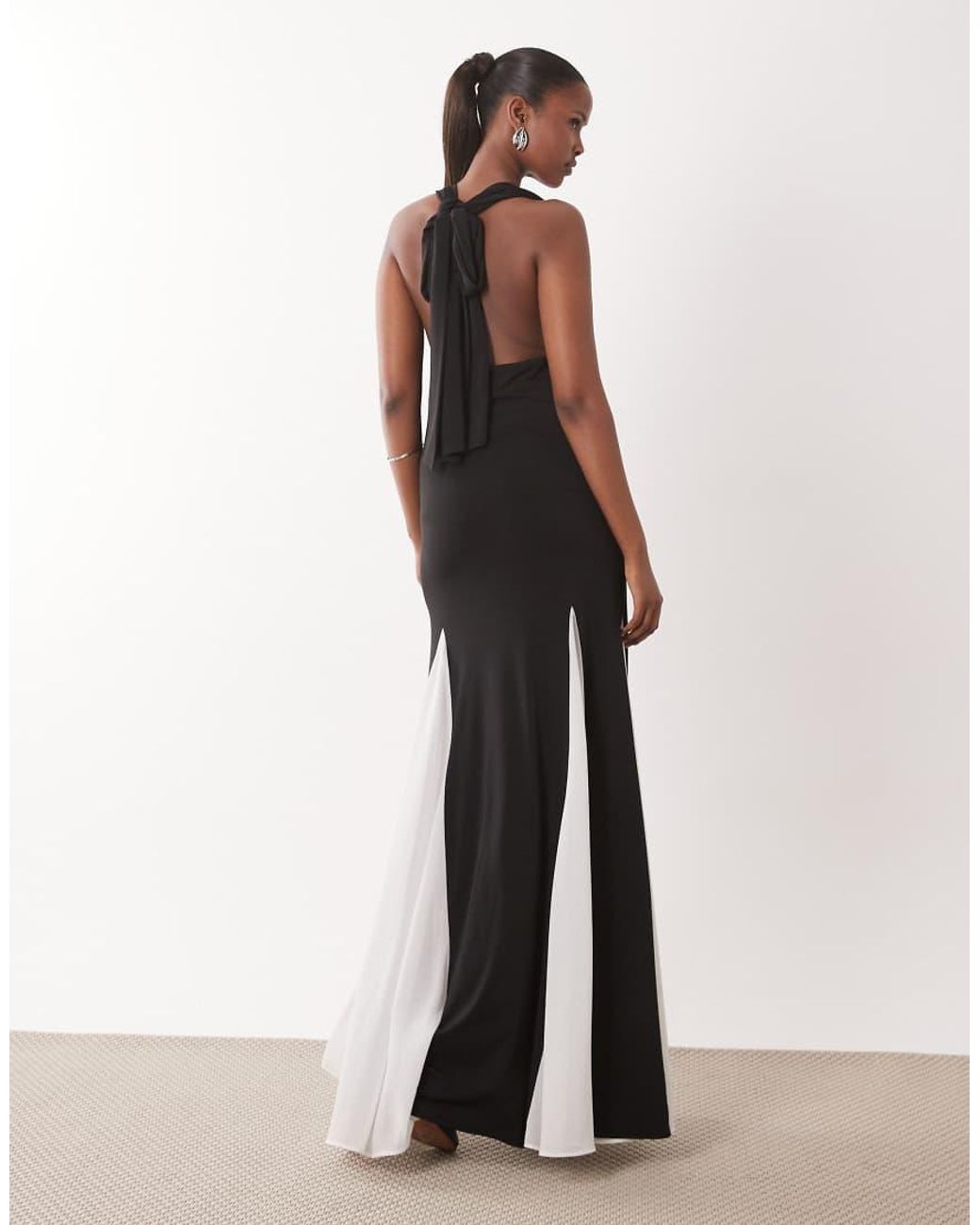 TFNC London White Halter Neck Chiffon Contrast Godet Skirt Maxi Dress