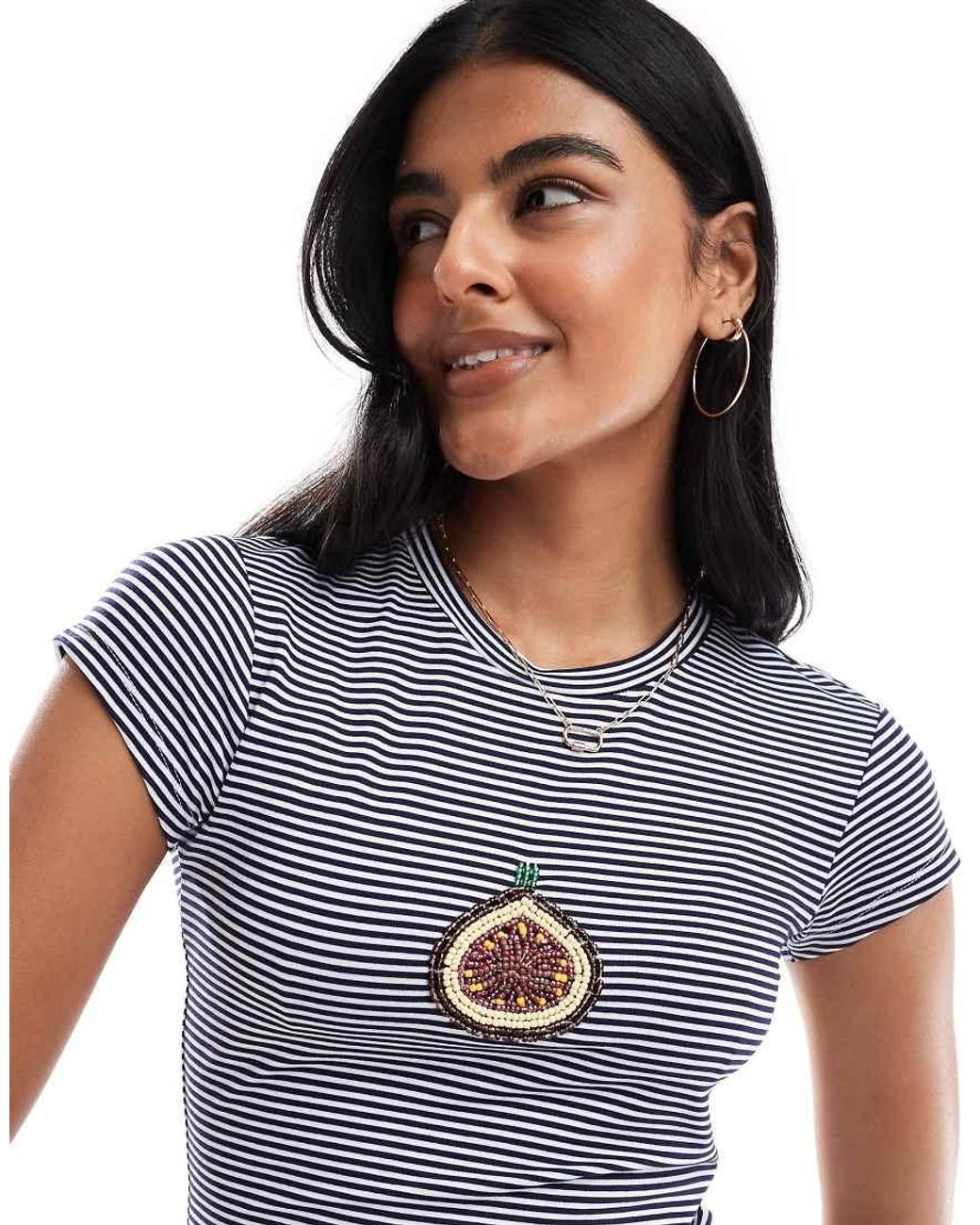 ASOS Blue Stripe Baby Tee With Beaded Fig Graphic