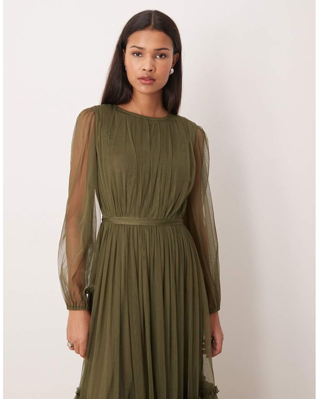 LACE & BEADS Green Crew Neck Sheer Sleeve Tiered Maxi Dress