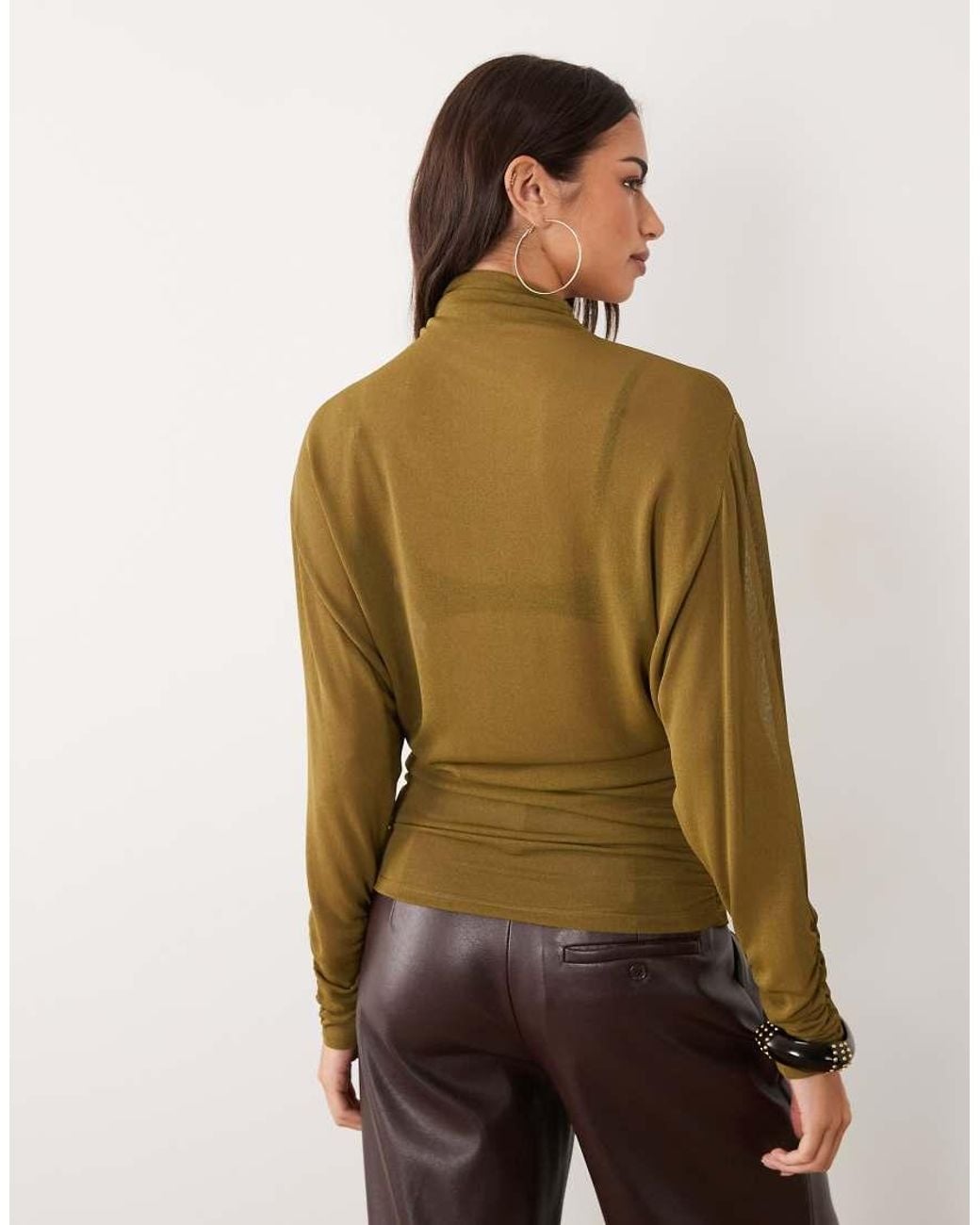 ASOS Brown Sheer Batwing High Neck Ruched Sleeve Top