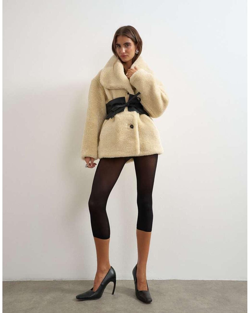 TOPSHOP Natural Borg Coat With Faux Leather Belt