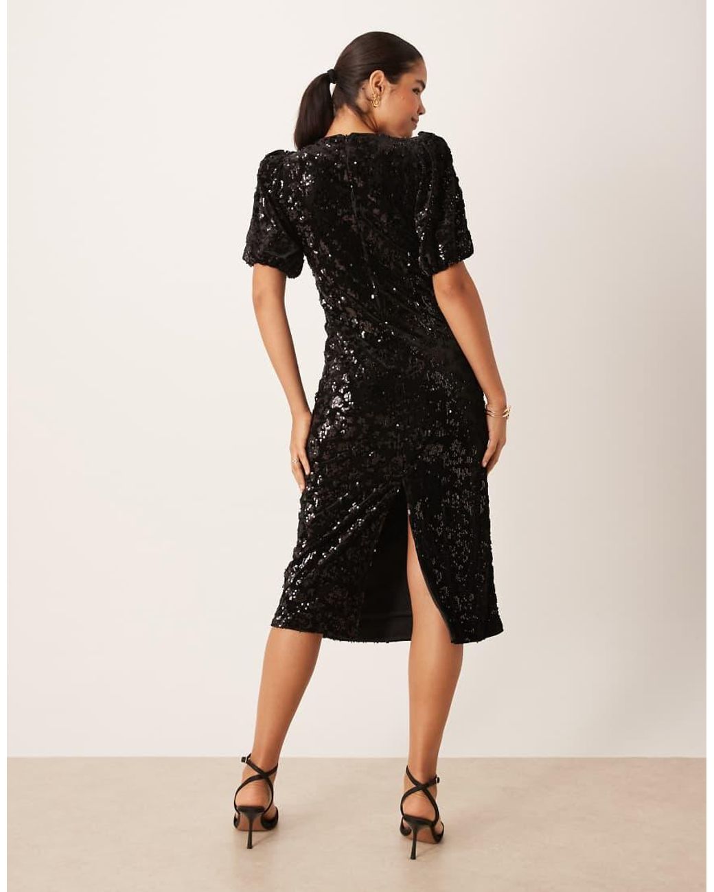 Y.A.S Black Puff Sleeve Sequin Midi Dress