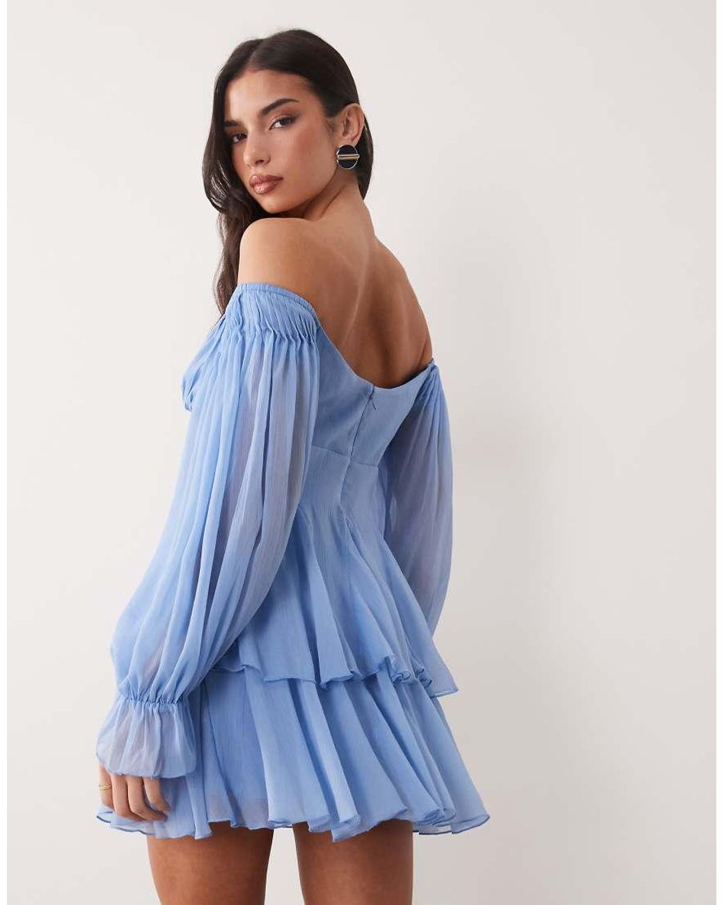 ASOS Blue Double Layer Off The Shoulder Godet Mini Dress