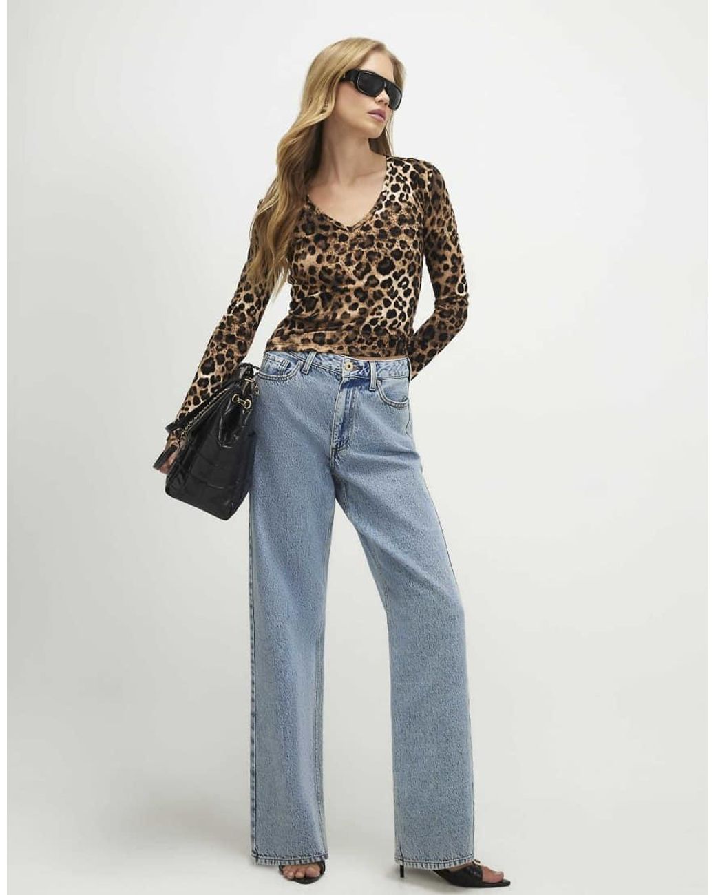River Island Blue Cotton Blend Leopard Print V Neck Top