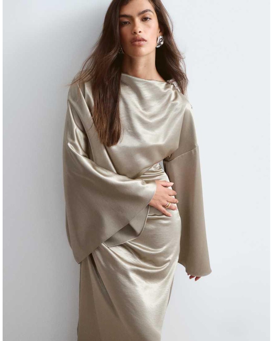 ARRANGE Natural Satin Drape Long Sleeve Maxi Dress