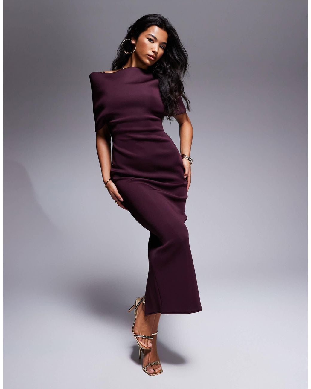 ASOS Scuba Deep Bardot Midi Dress With Cape Back Detail in Purple | Lyst ASOS Scuba Deep Bardot Midi Dress With Cape Back Detail in Purple | Lyst