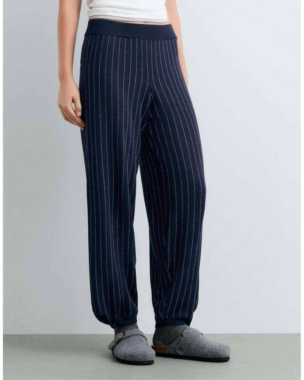 Oysho Blue Pinstripe Knit Cocoon Trousers