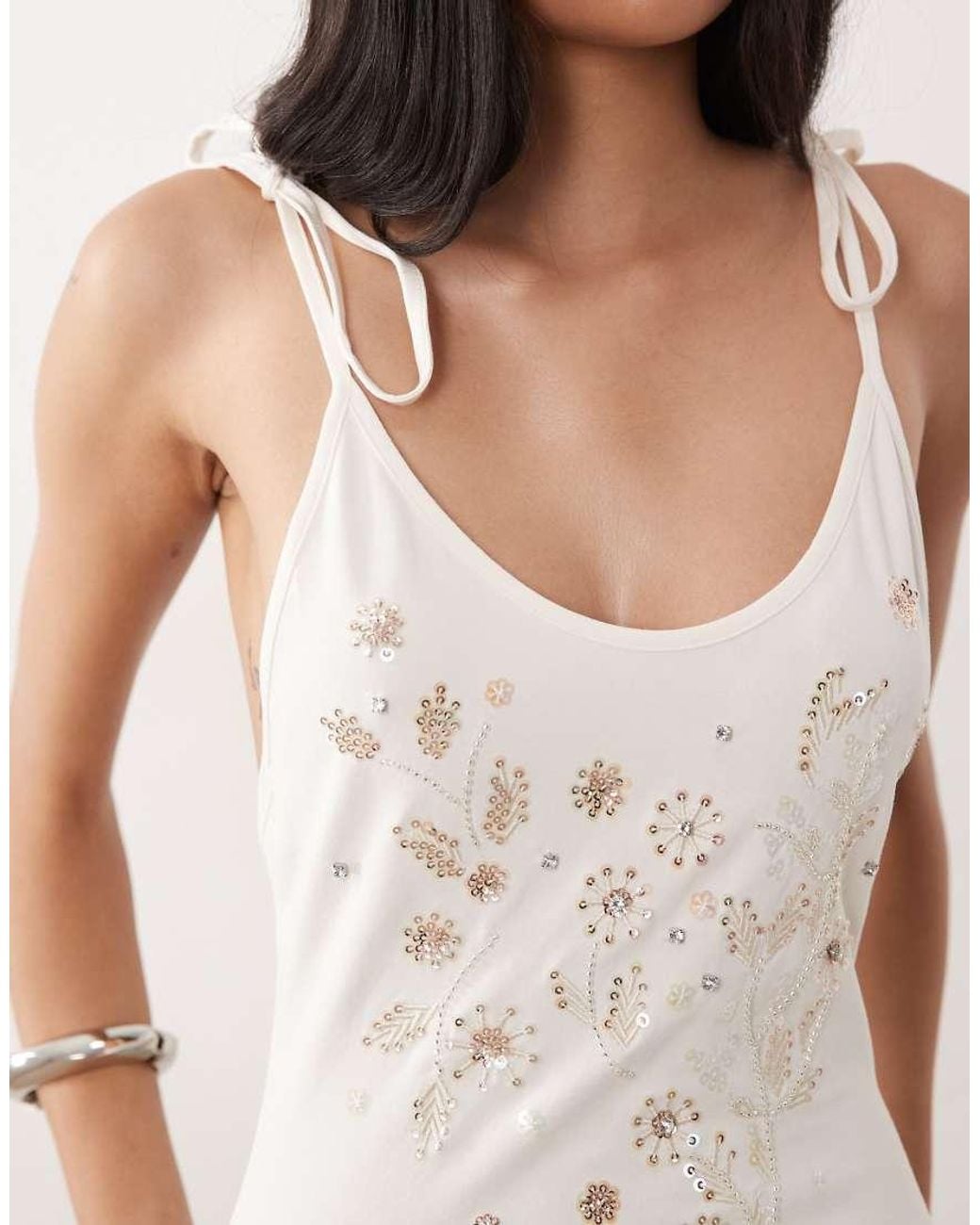 Miss Selfridge White Embellished Tie Shoulder Bodysuit