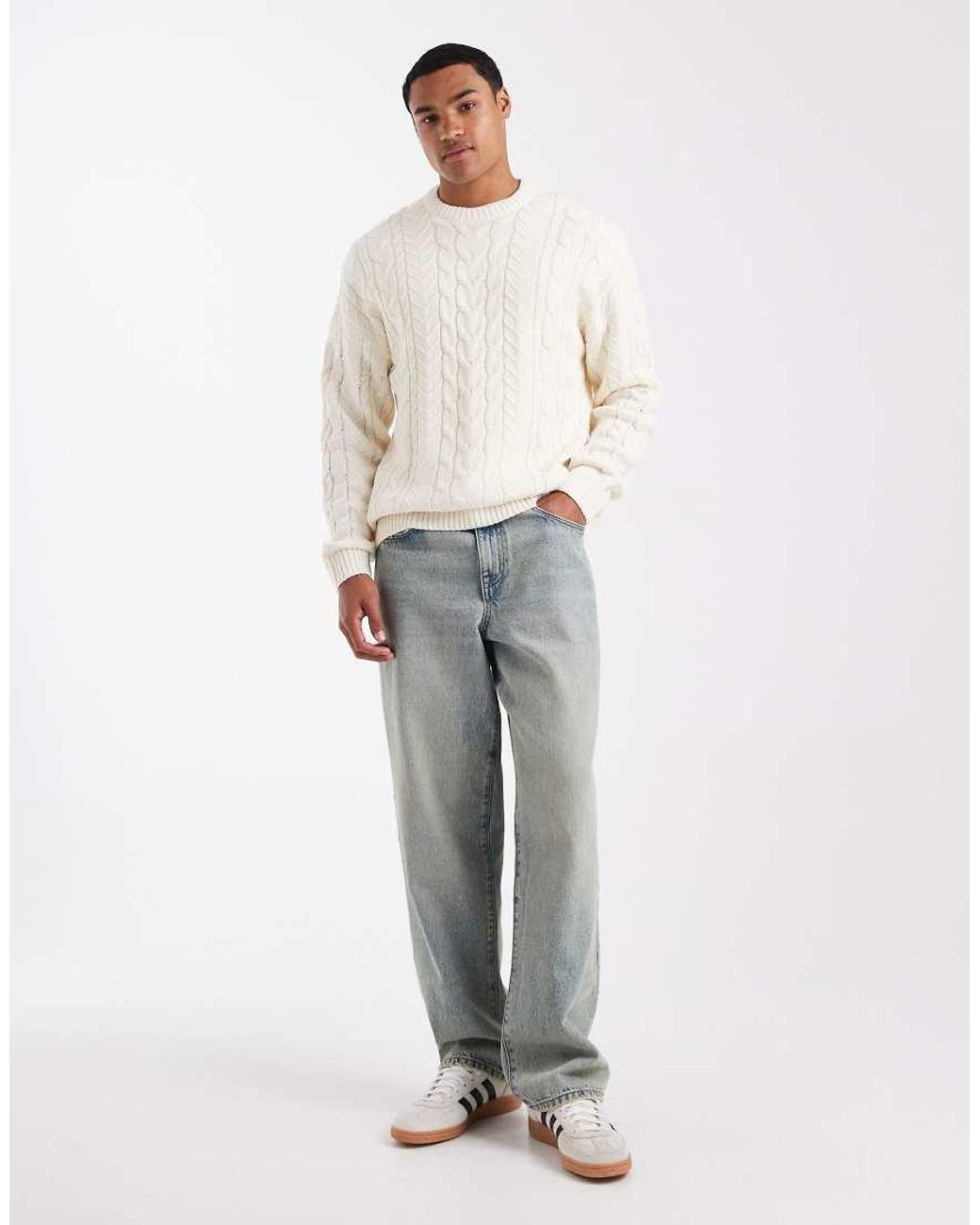 Only & Sons White Relaxed Cable Knit Jumper for men
