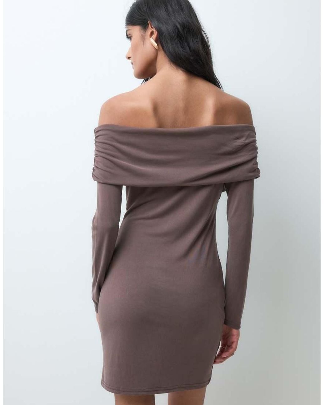 Miss Selfridge Brown Off Shoulder Wrap Mini Dress