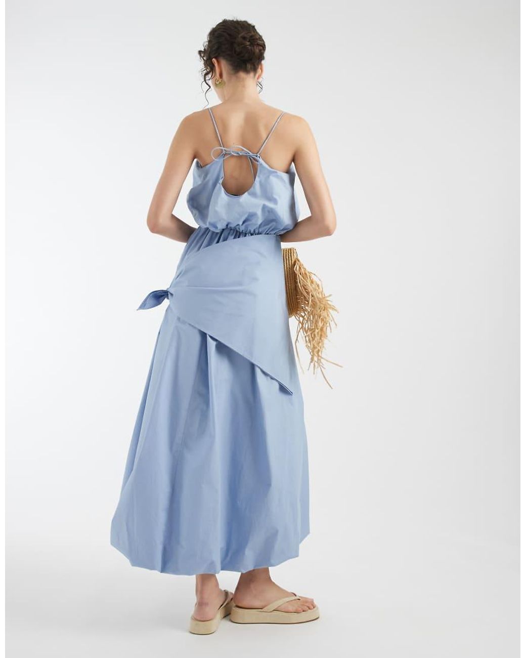 ASOS Blue Poplin Puff Midi Dress With Cinched Scarf Waist Detail