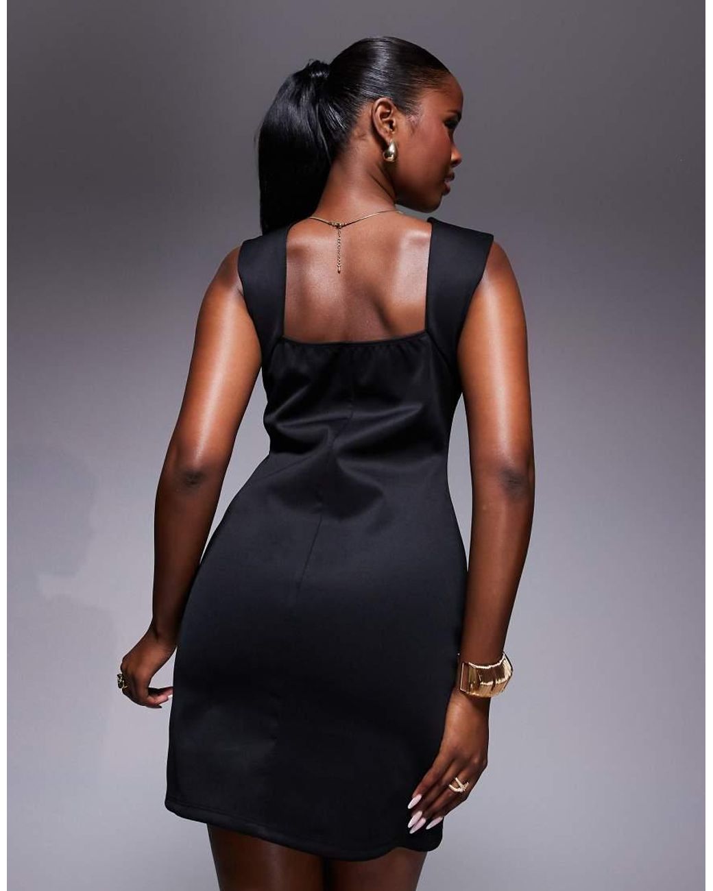 ASOS Black Square Neck Mini Dress With Gold Buttons
