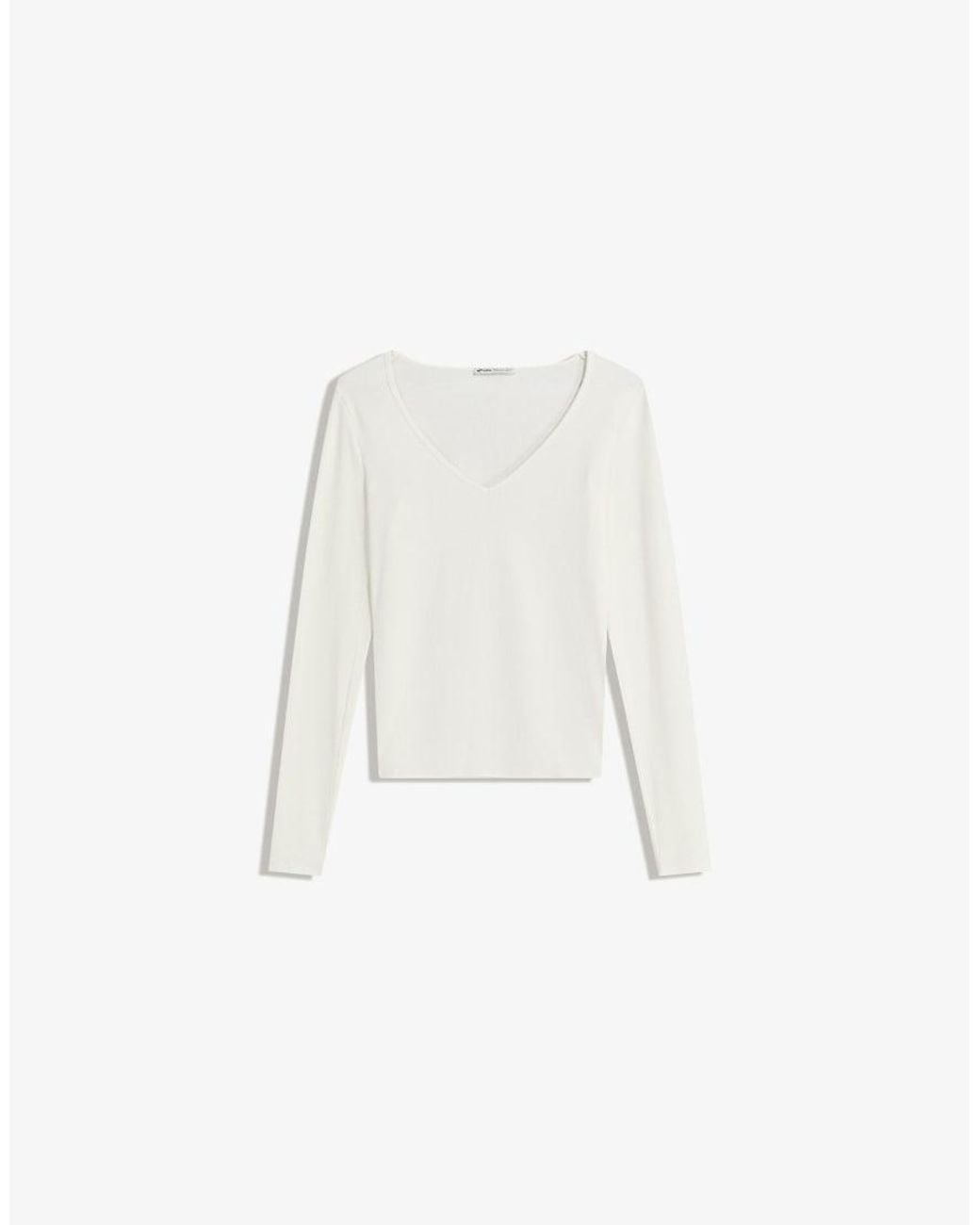Bershka White Long Sleeve V-neck T-shirt