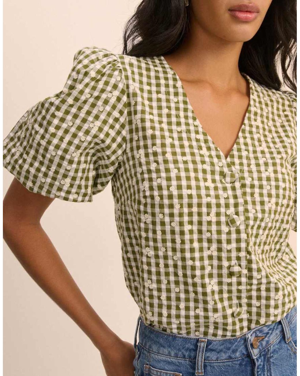 Nobody's Child Brown Gingham Cotton Embroidered Puff Sleeve Top