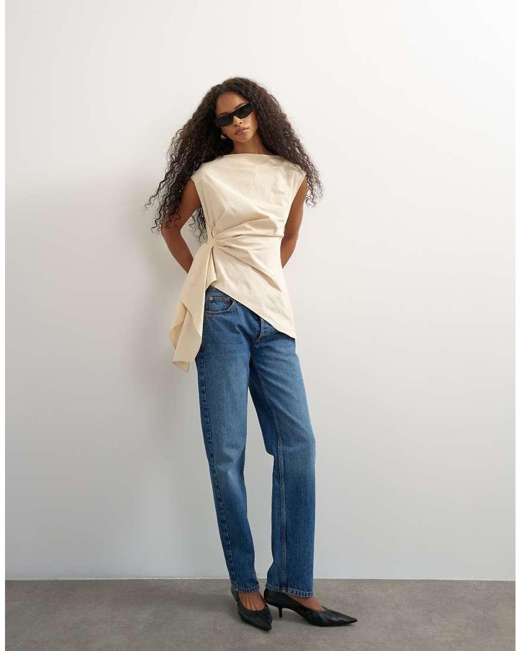 TOPSHOP Blue Poplin Slash Neck Twist Side Top