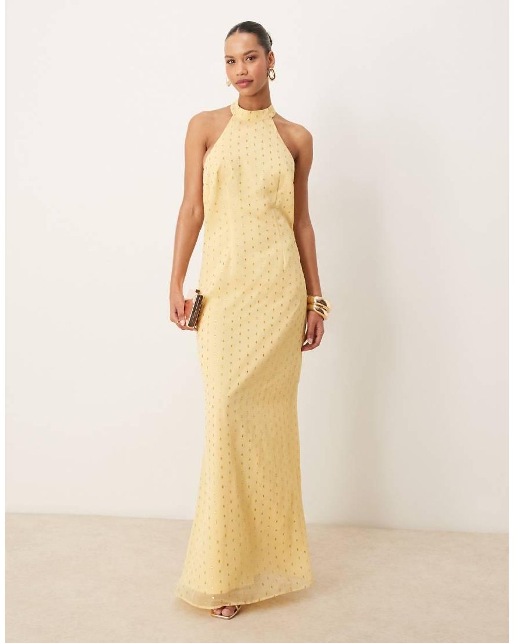 ANAYA Natural Foil Halter Neck Maxi Dress