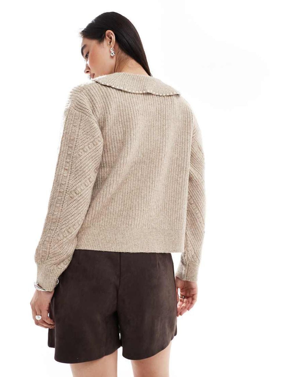 French Connection Natural Kitty Faux Pearl Collared Cardigan