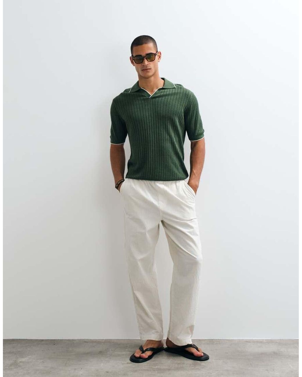 Mango Green Knitted Revere Collar Contrast Tipping Polo Top for men