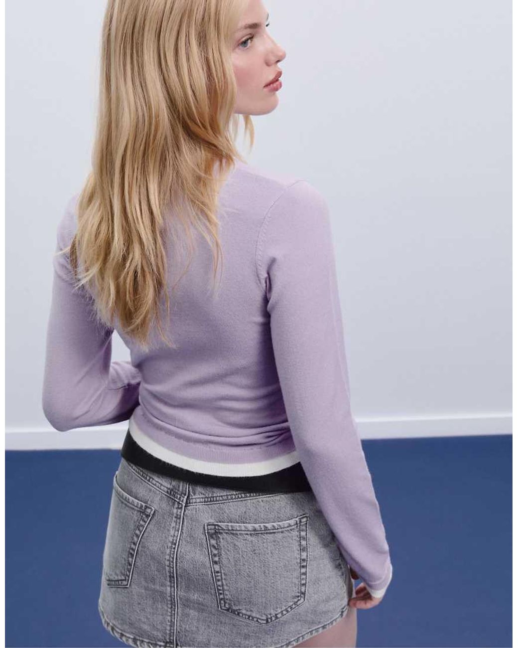 Stradivarius Purple Knit Sweater With Contrast Trim