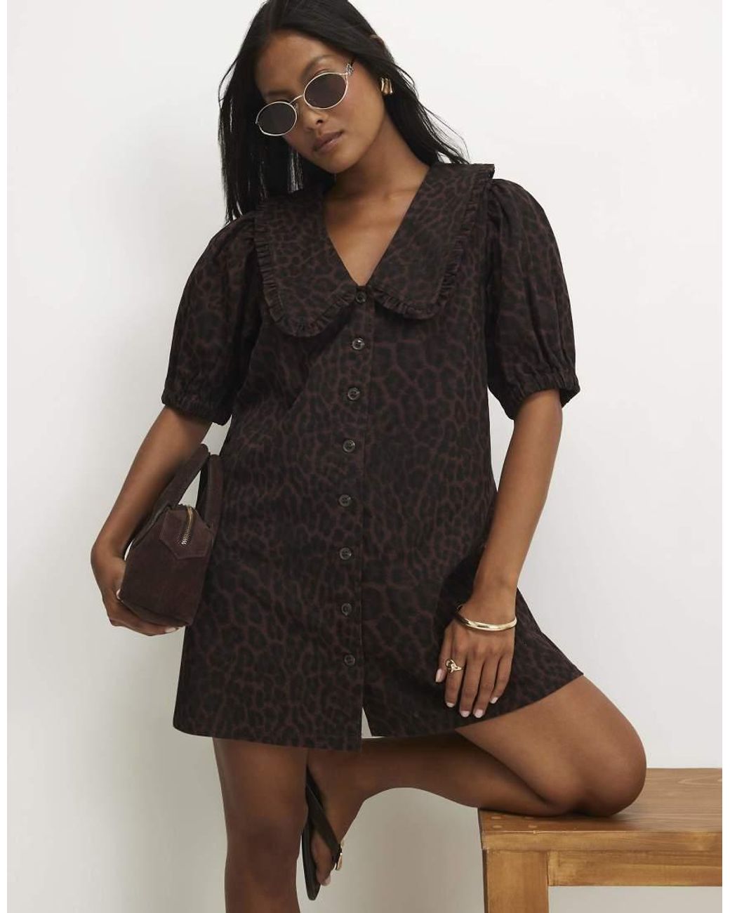 River Island Black Denim Leopard Print Shirt Dress