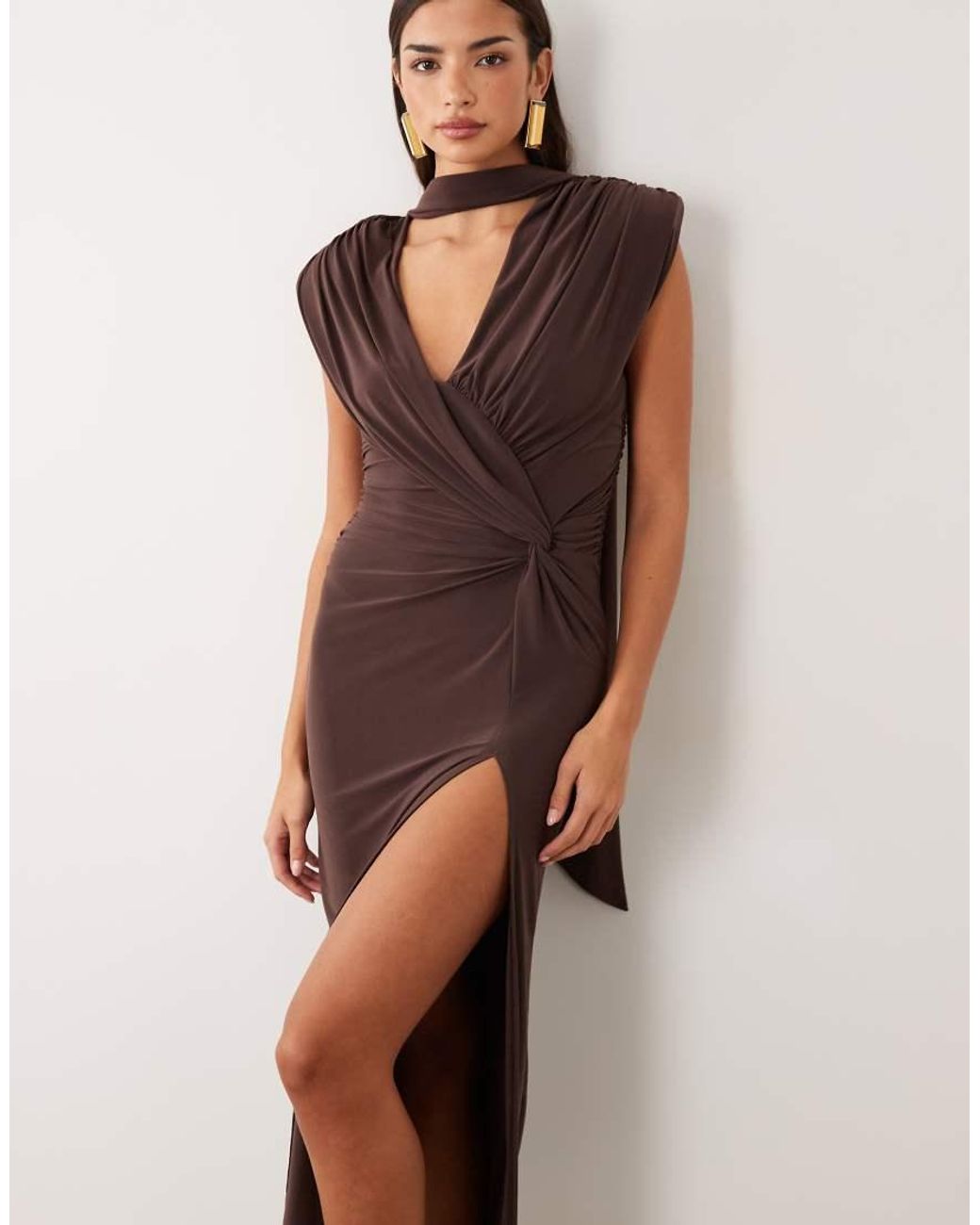 ASOS Brown Shoulder Pad Maxi Dress