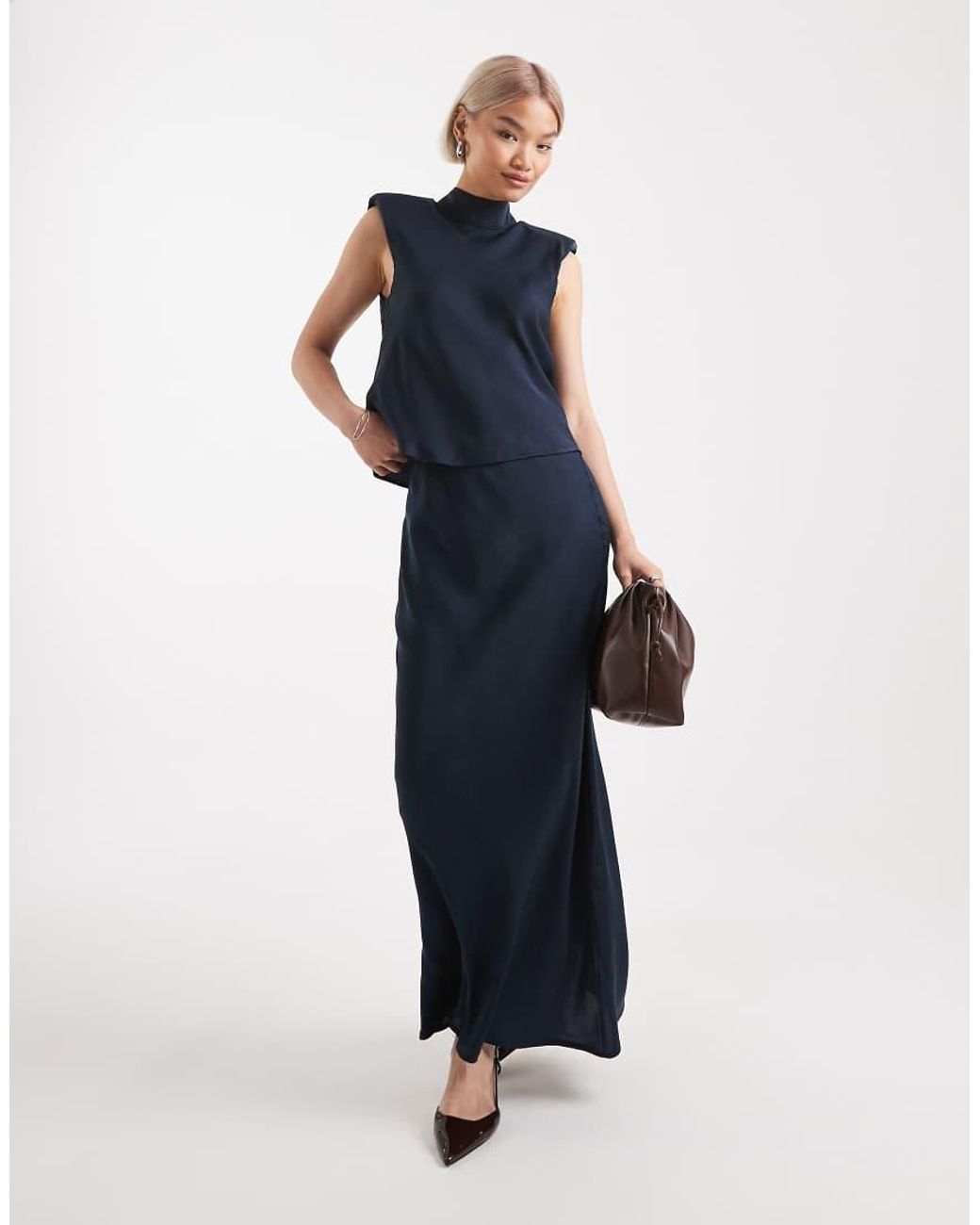 ASOS Blue Satin Tie Neck Detail Co-ord Top