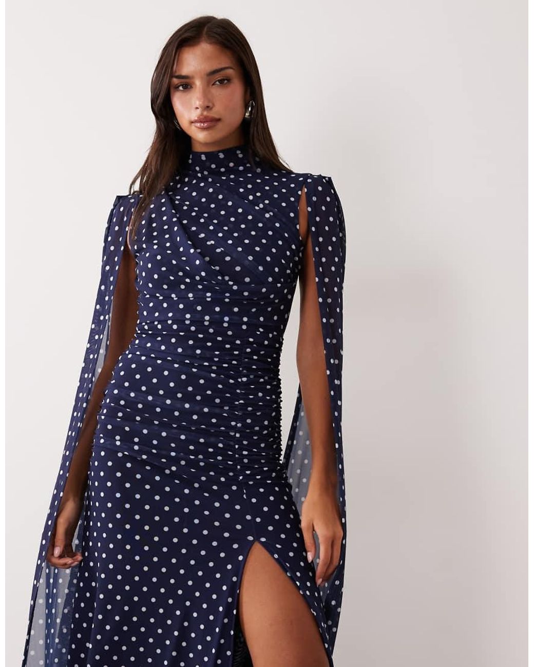 Ruched & Ready Blue Mesh High Neck Cape Detail Thigh Split Maxi Dress