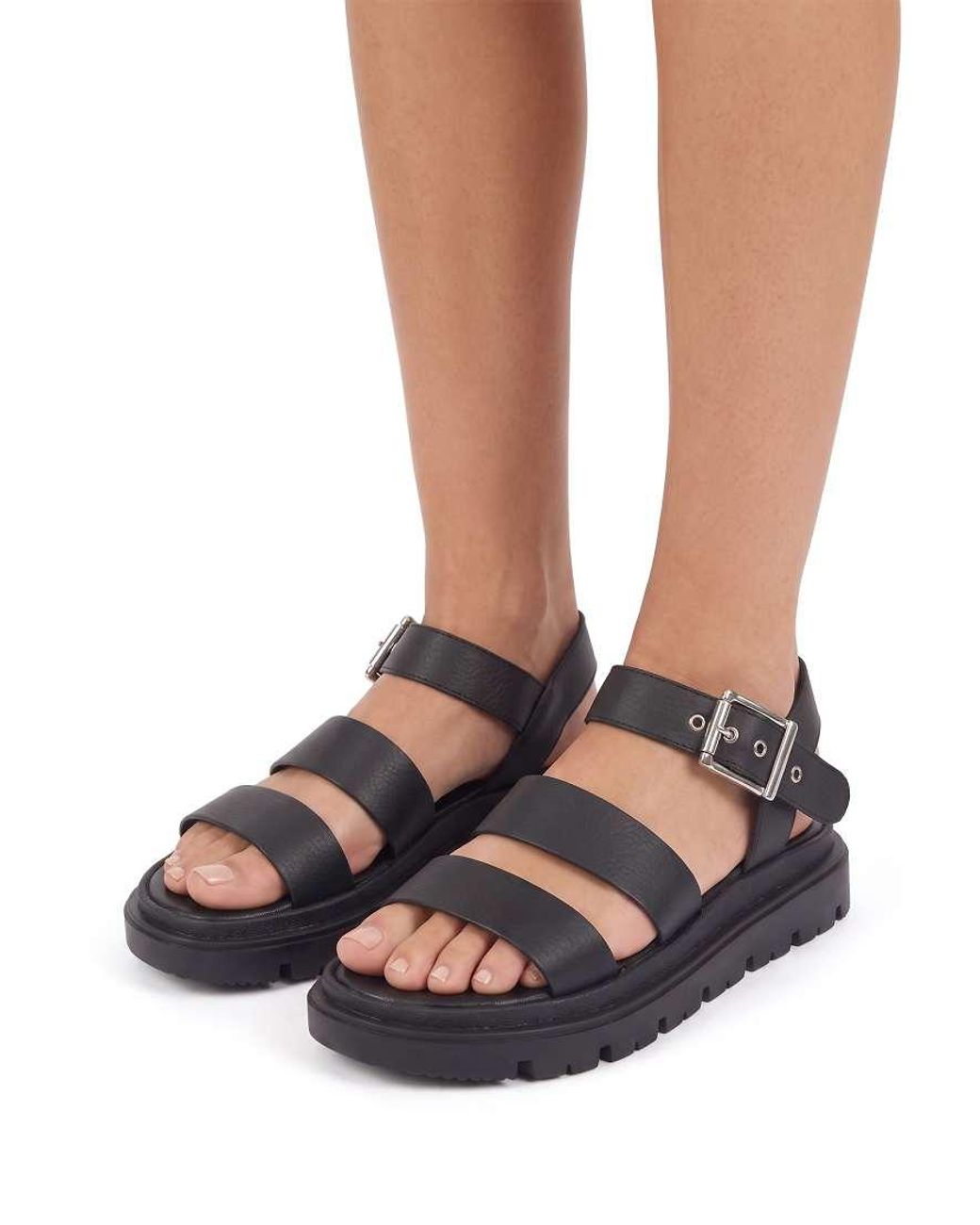 SEQWL Black Chunky Sandals Triple Strap Gladiator Style With Buckle