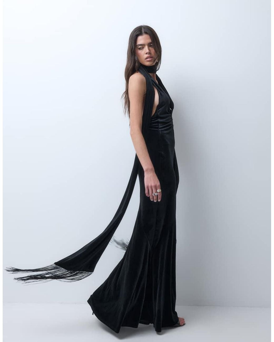 ASOS Blue Plunge Neckline Maxi Dress With Fringe Detail Scarf