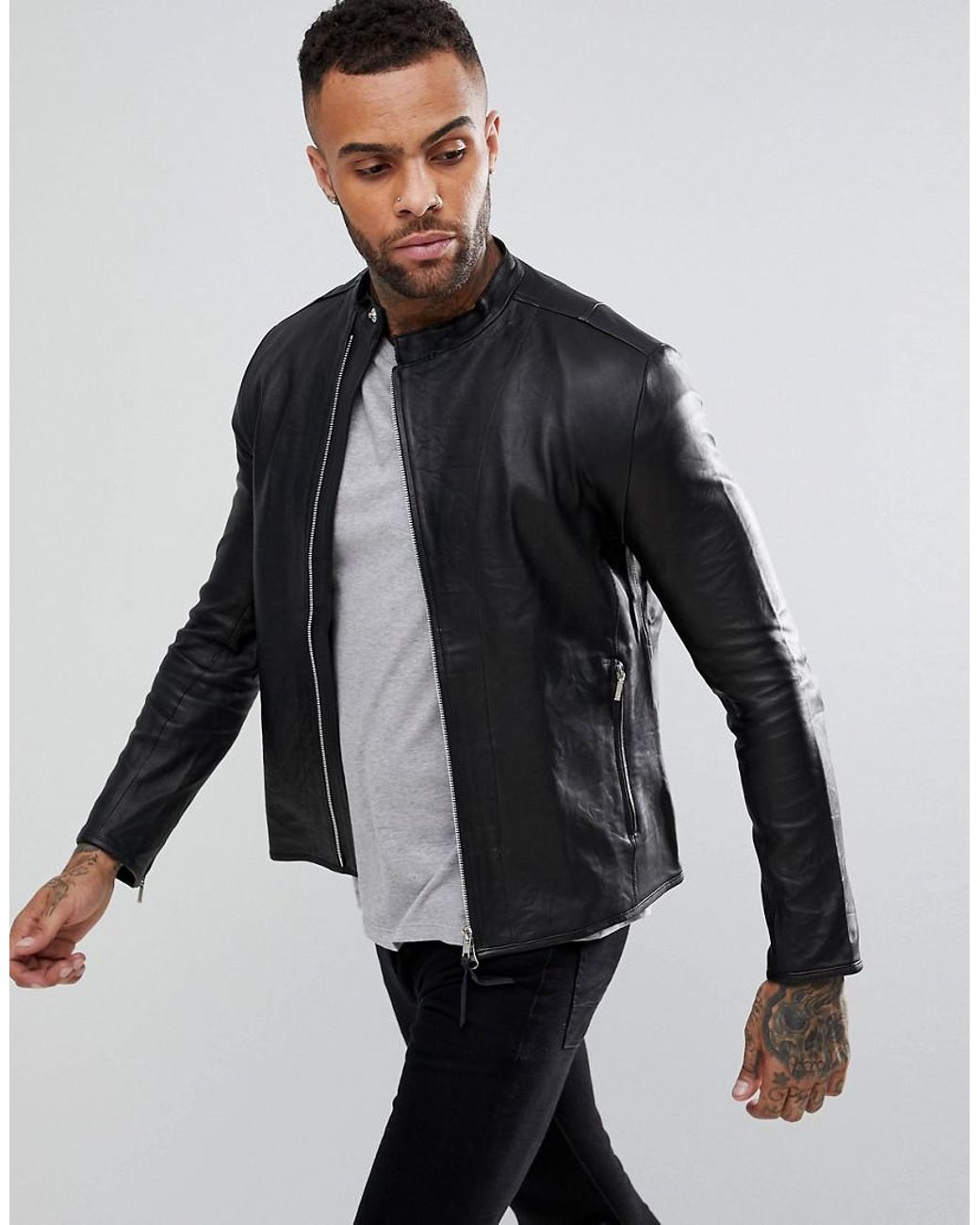 Religion Collarless Leather Jacket in Black for Men | Lyst