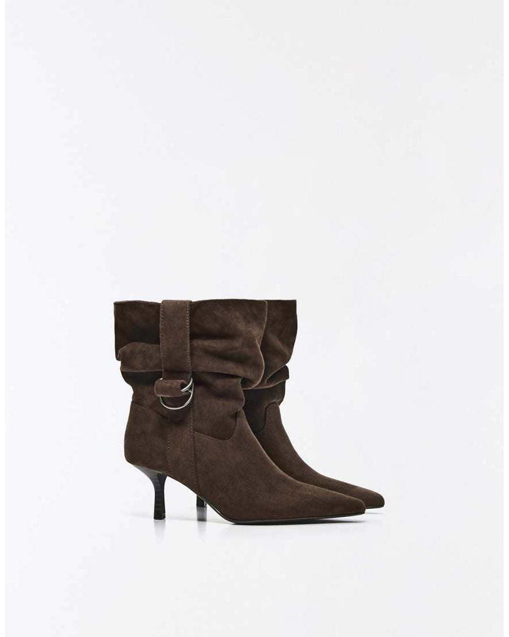 Bershka Brown Slouchy Buckle Heel Ankle Boots