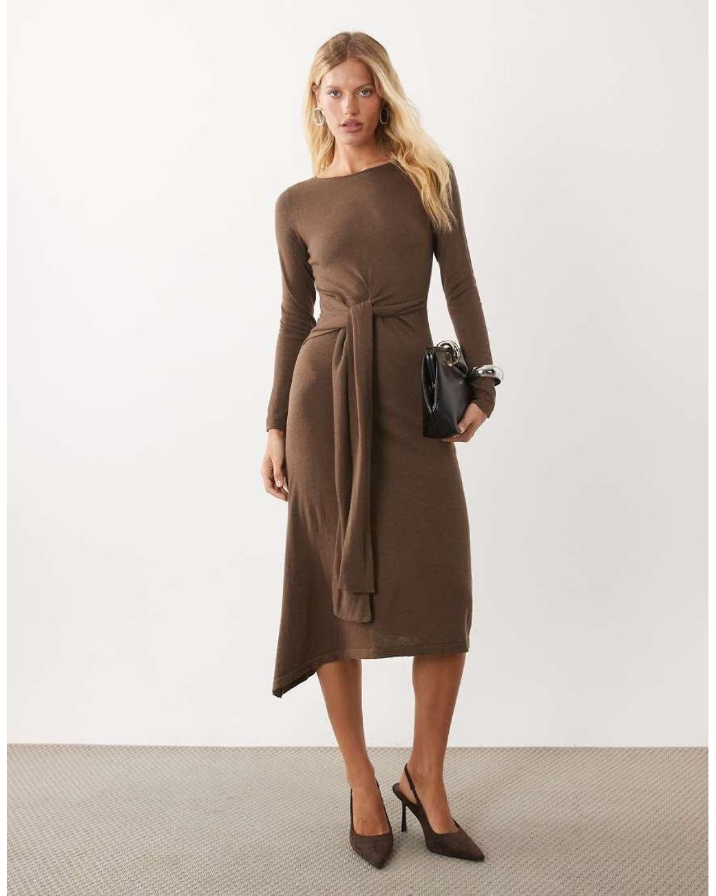 Mango Brown Boat Neck Long Sleeve Midi Dress With Tie Waist