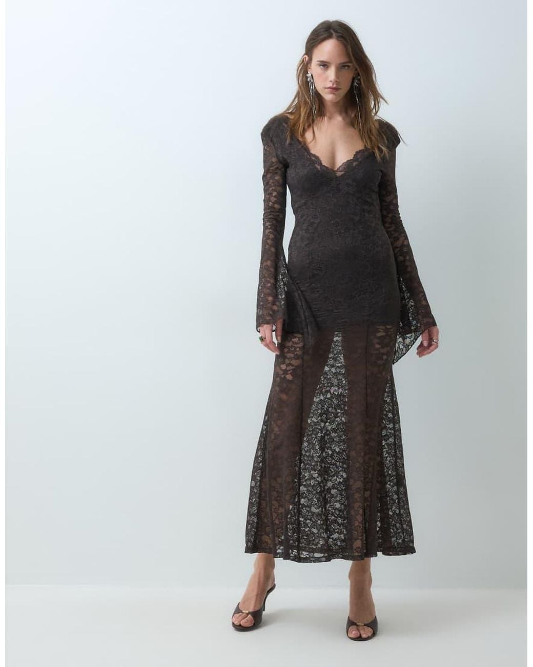 Monki Black Long Sleeve Fishtail Maxi Dress With Sheer Skirt