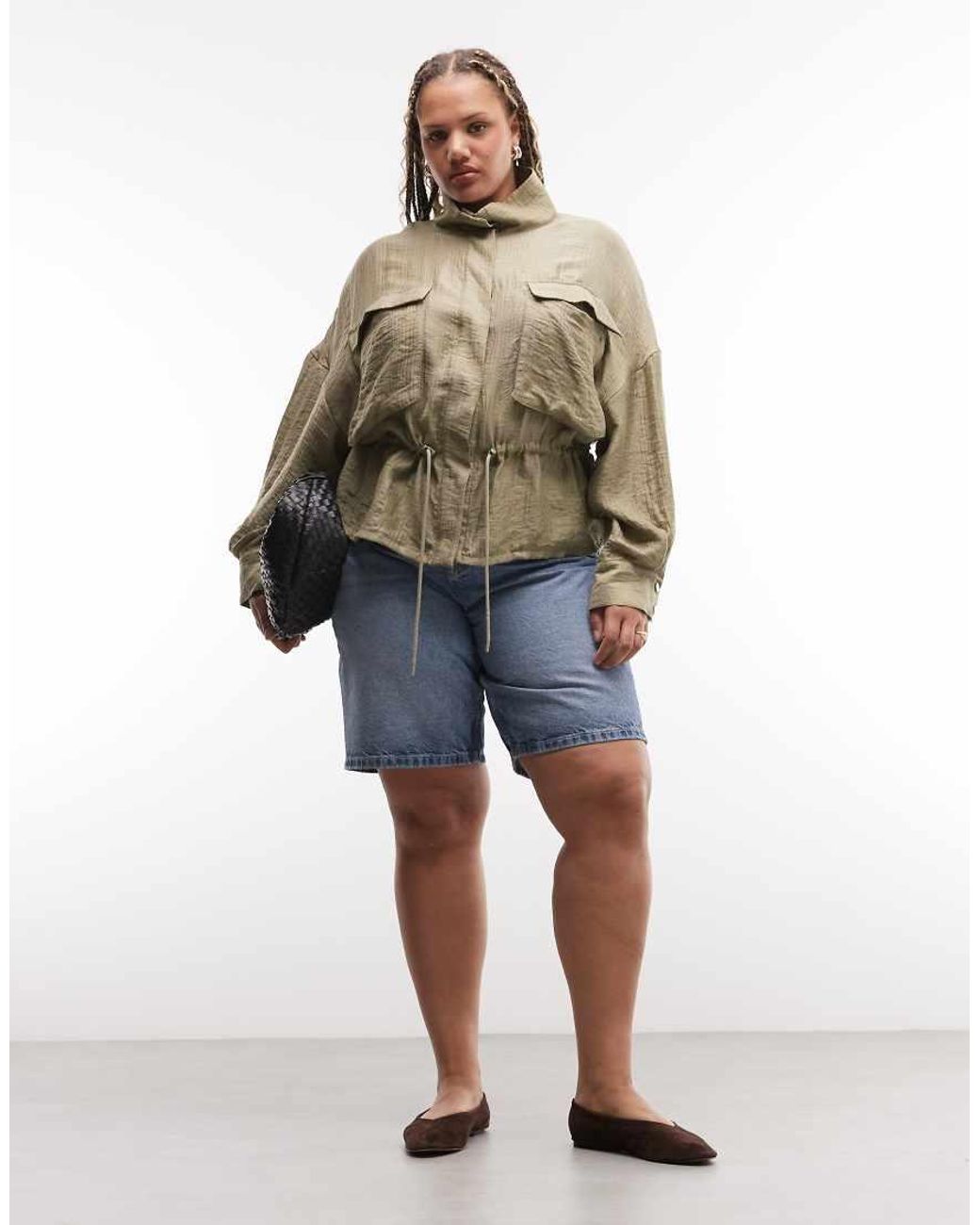 ASOS Brown Asos Design Curve Funnel Neck Textured Drawstring Waist Shacket