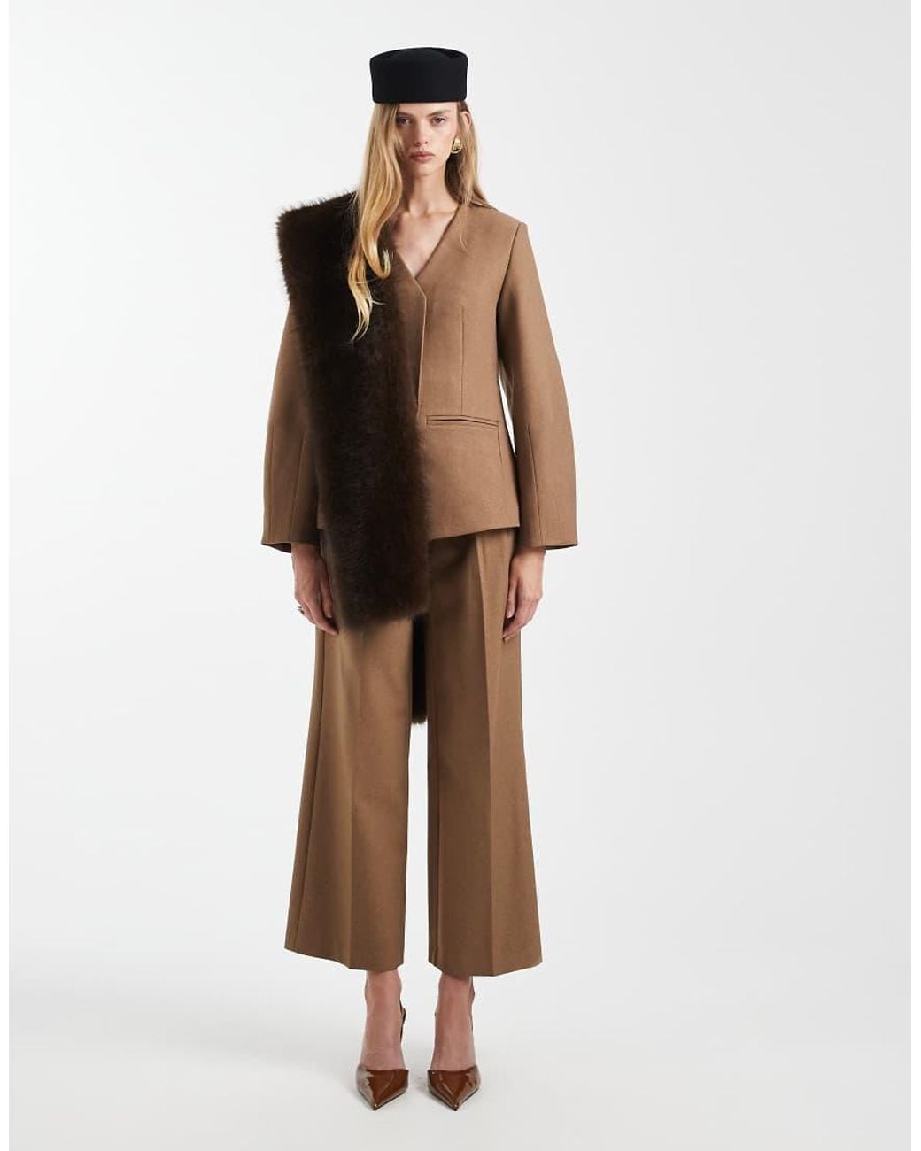 4th & Reckless Natural Tailored Collarless Cinched Waist Cocoon Sleeve Blazer
