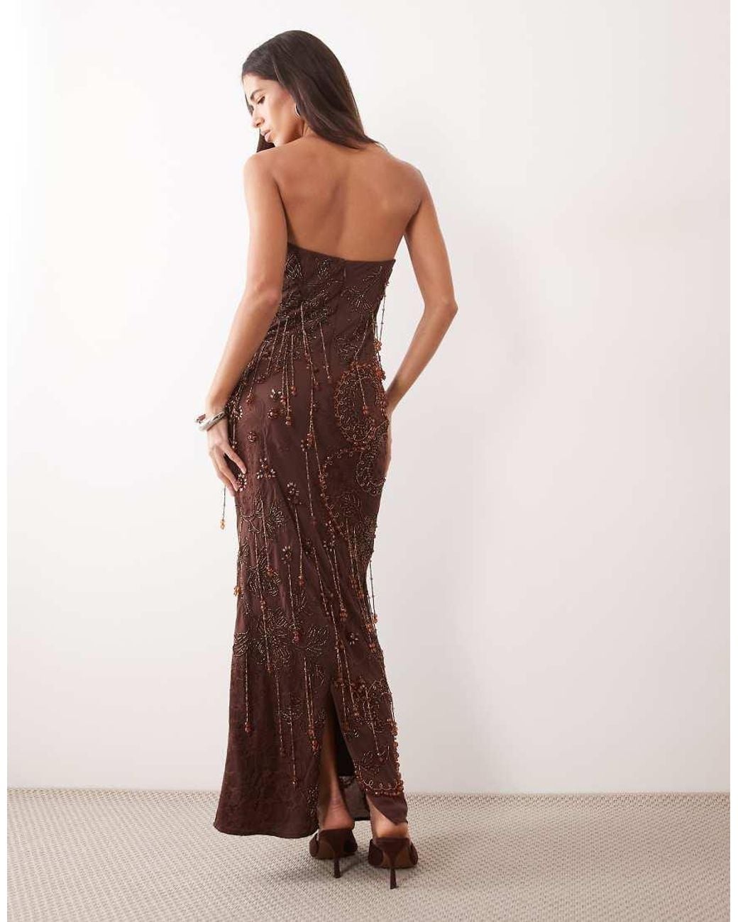 ASOS Brown Premium Embellished Lace And Tassel Bandeau Maxi Dress