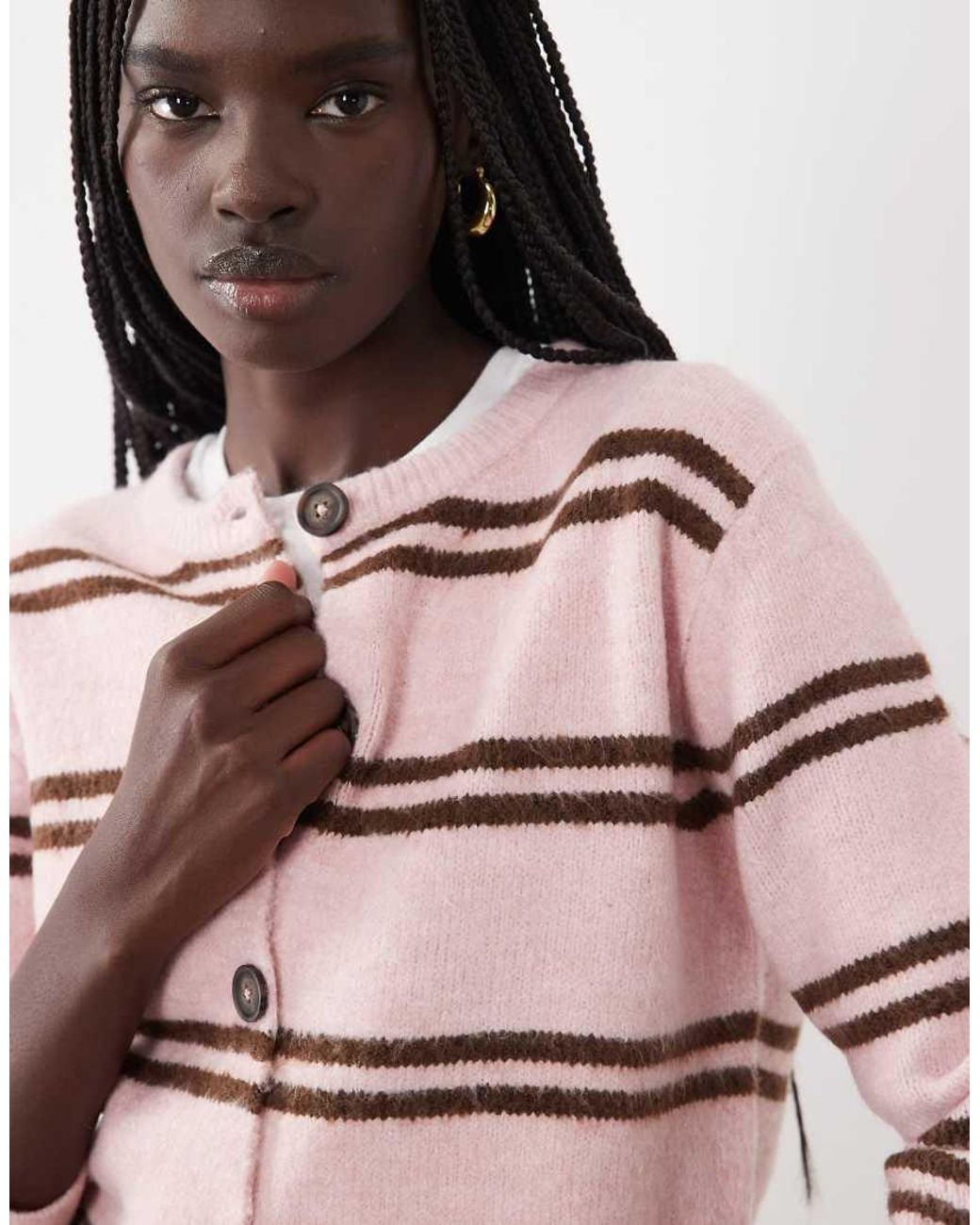 Brave Soul Pink Crew Neck Cardigan With Double Stripe