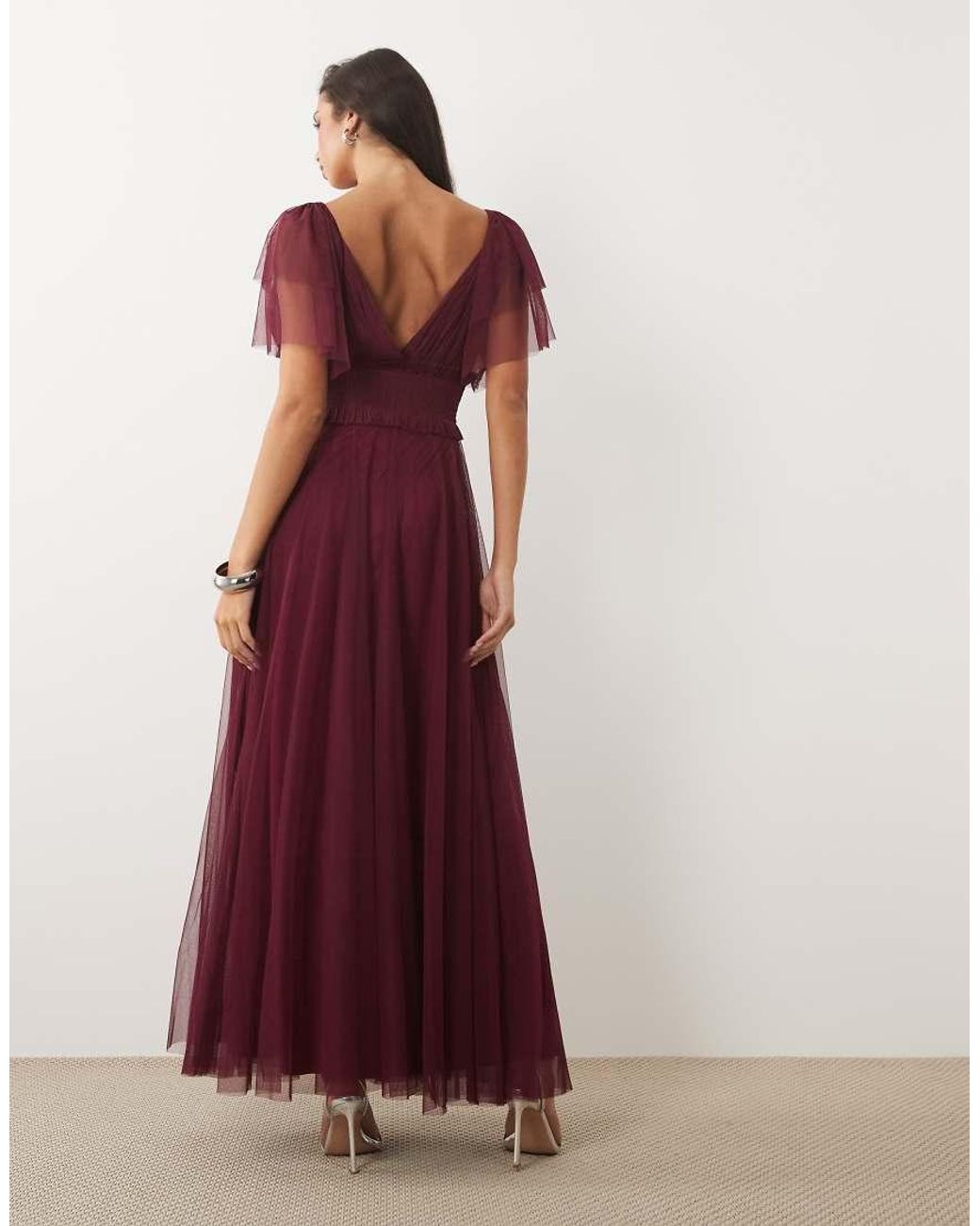 LACE & BEADS Bridesmaid Mesh Shirred Waist V Neck Flutter Sleeve Maxi Dress