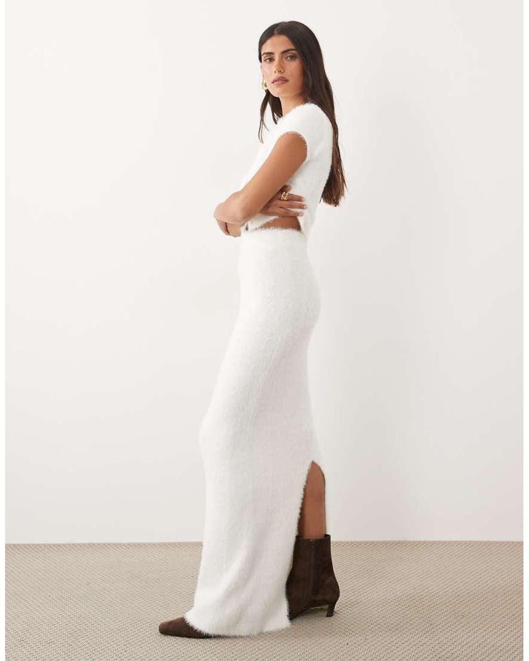 Aria Cove White Fluffy Knit Maxi Skirt