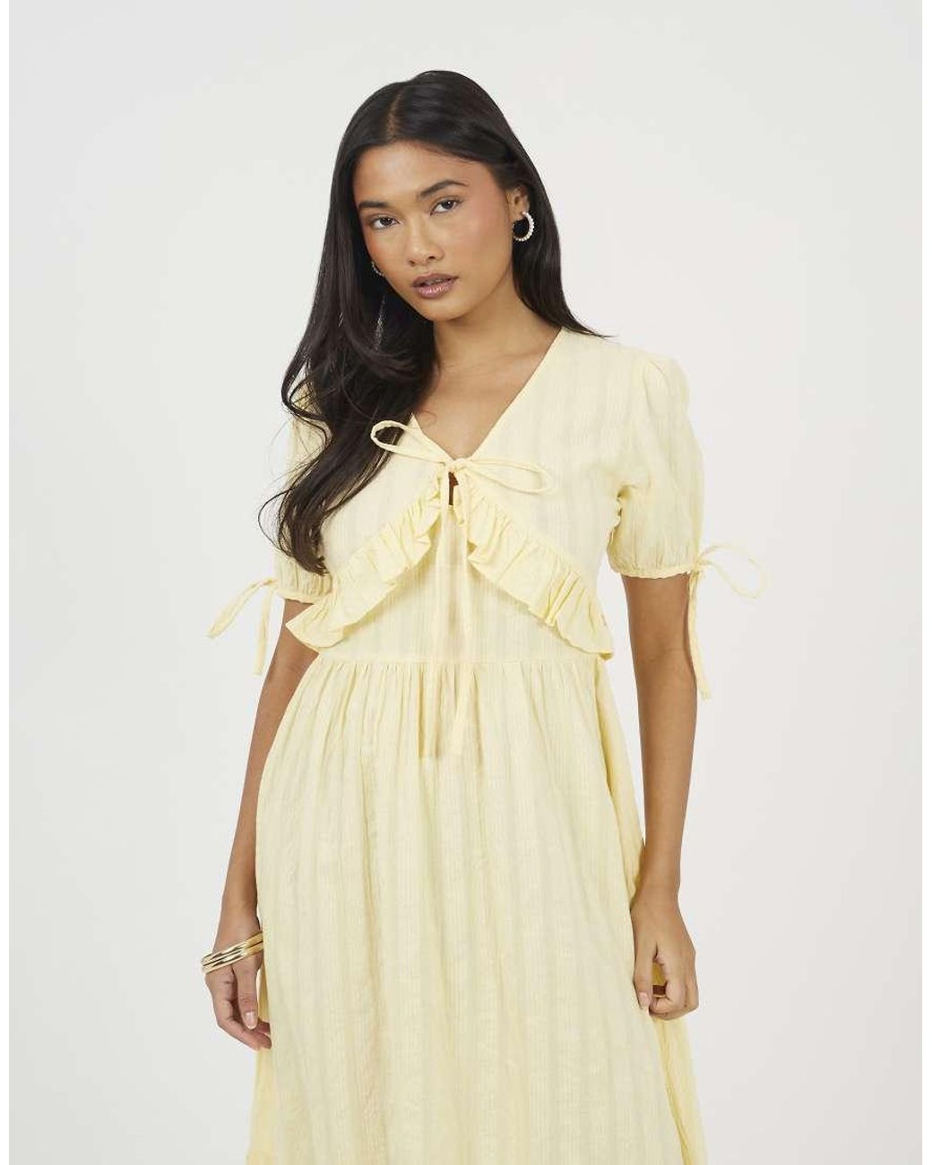 Brave Soul Natural Puff Sleeve Maxi Dress With Tie And Ruffle Details