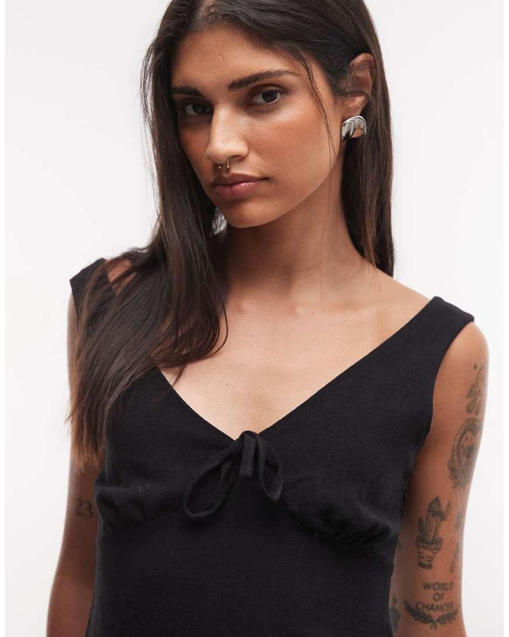 Reclaimed Vintage Black Linen V Neck Button Detail Top